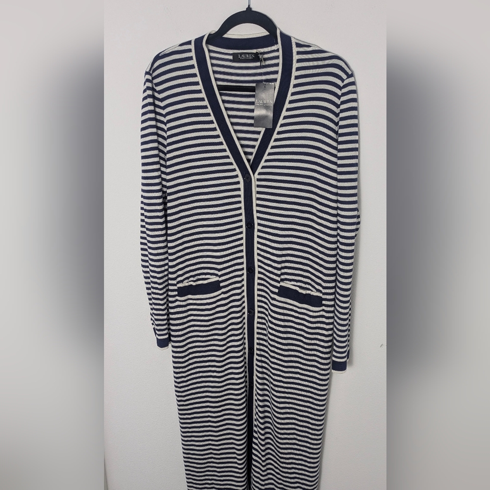 NWT Lauren Ralph Lauren Long Striped Silk Blend Cardigan Navy Nautical Size L - Picture 6 of 16